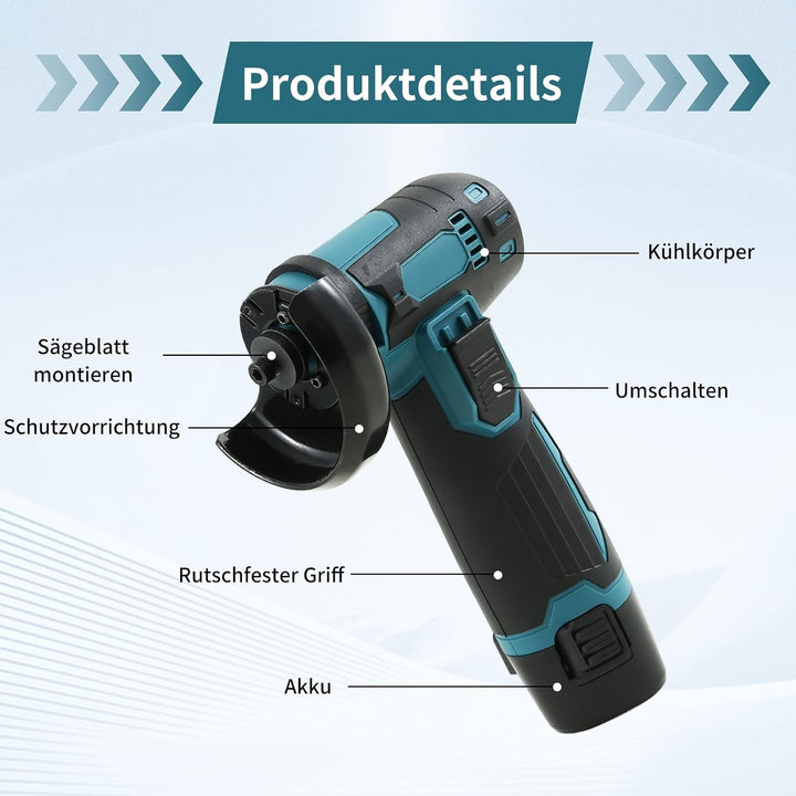 Mini Winkelschleifer 12V, 76mm Mini-Flex mit Akku, 19500 U/min Akku Winkelschleifer, mit 2 x 1300mAh