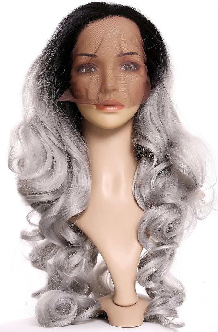 WIG ME UP - LS-010-LF-1BT0906-dye Perücke Damenperücke Lace-Front Lang leicht gelockt Ombre Schwarz