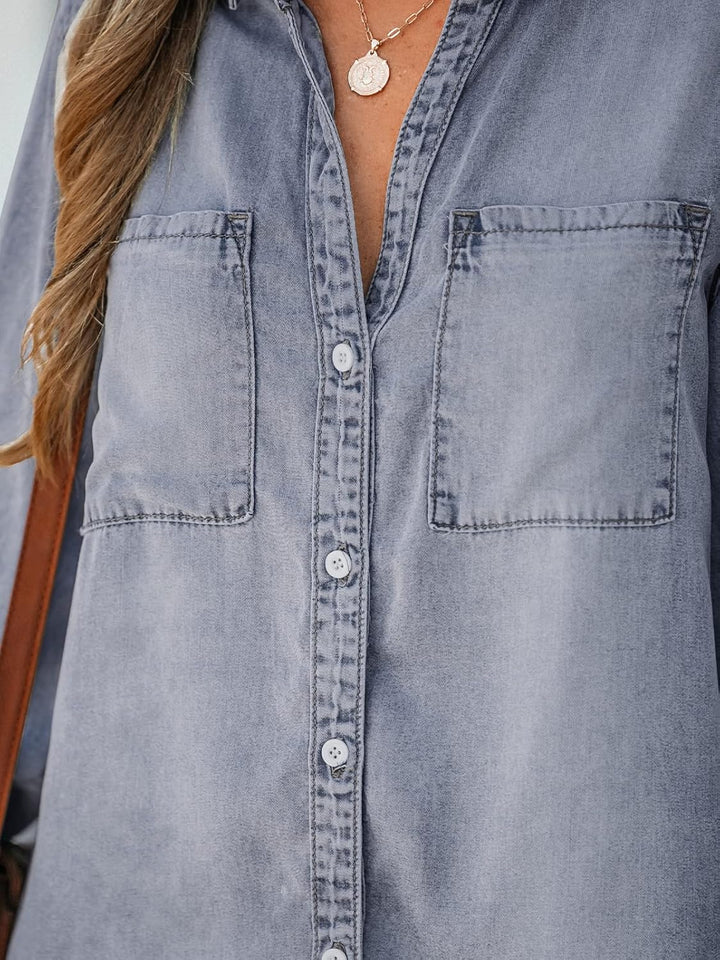CUPSHE Damen Jeanshemd V Ausschnitt Knopfleiste Brusttaschen Asymmetrisch Jeansbluse Hemdblusen Deni