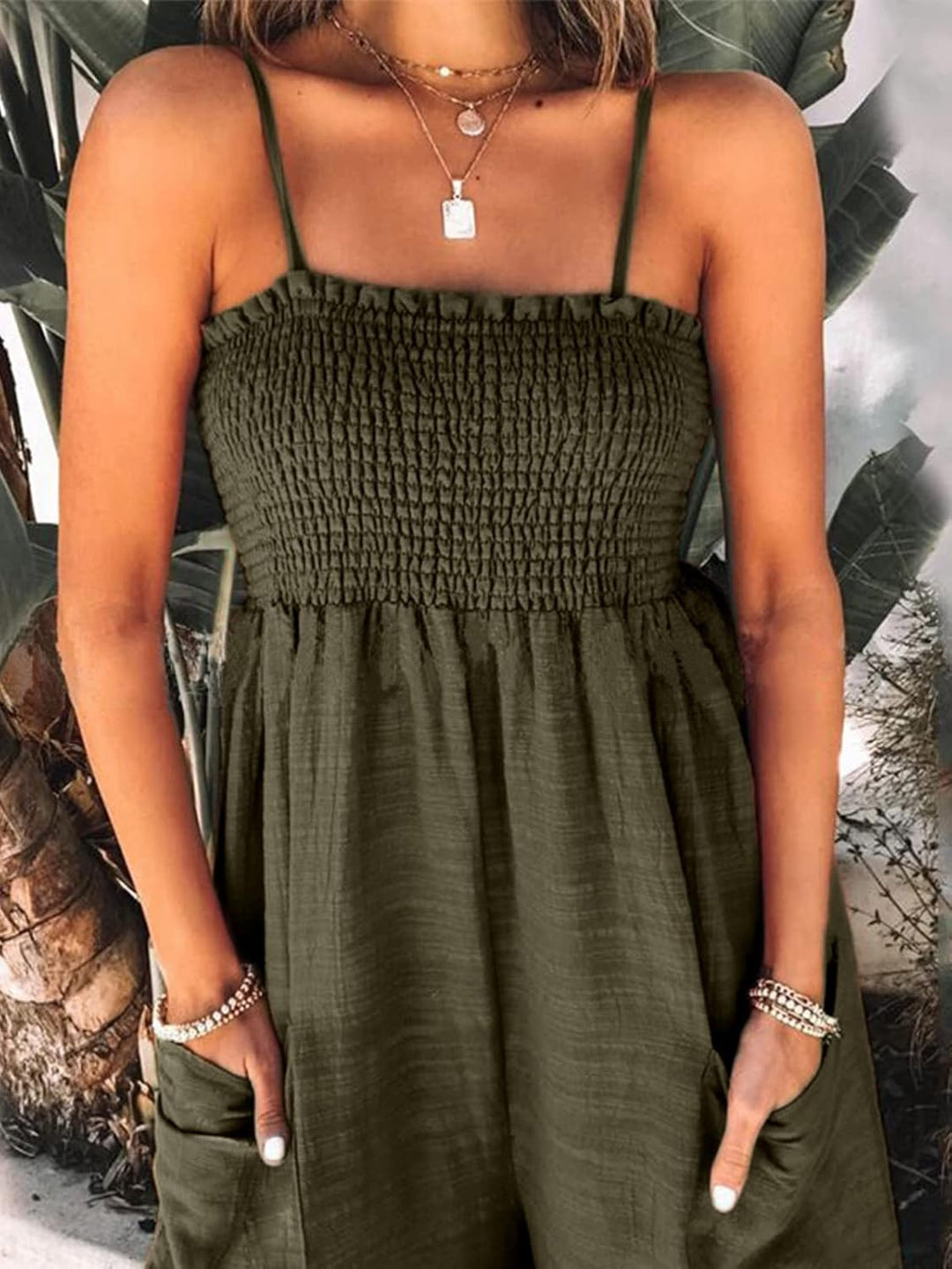 CUPSHE Damen Jumpsuit Square Neck Ärmellos Weites bein Sommer Lang Overall Romper Gesmokter Spaghett