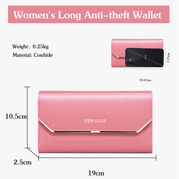 Geldbeutel Damen Leder Geldbörse RFID Schutz Large Portemonnaie Minimalistisch Lange Brieftasche Ros
