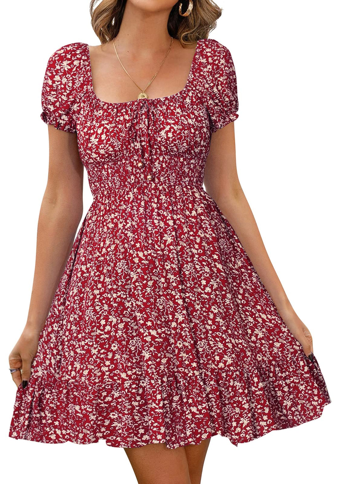 Livonmone Damen Kleid Lässig Sommerkleid Blumendruck Hohe Taille Kleider Puff Ärmel Retro Sexy Casua