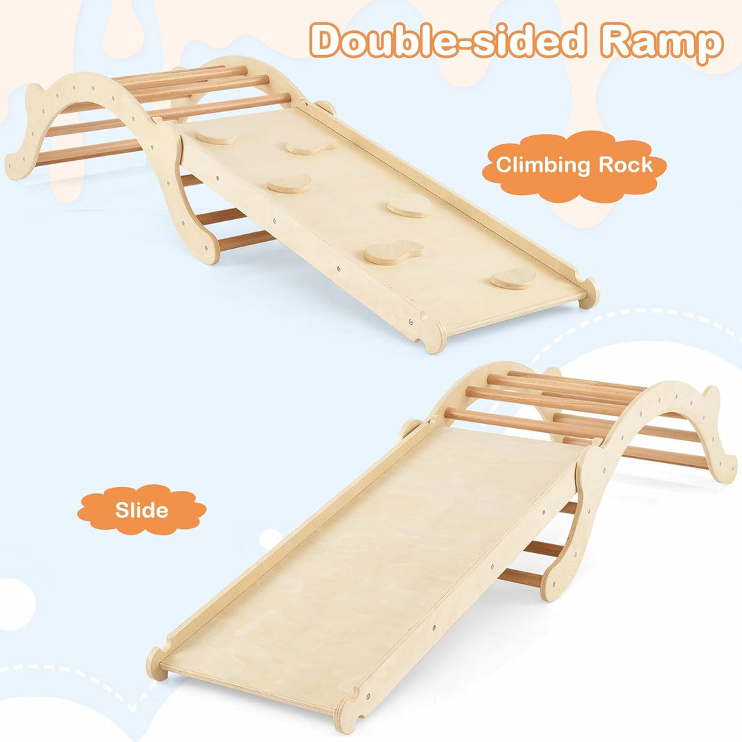 HOMASIS 3-in-1 Kletterbogen mit Rutsche & Wippe, Klettergerüst Indoor mit umkehrbare Rampe & Matte,