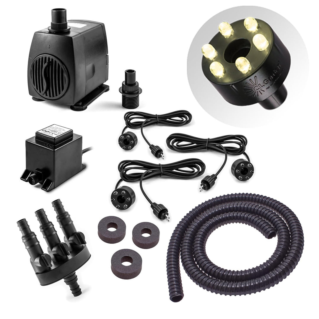 Springbrunnen Pumpe Set SP3-S mit 3x LED Beleuchtung warmweiss für Zierbrunnen mit 3 Wasserausläufen