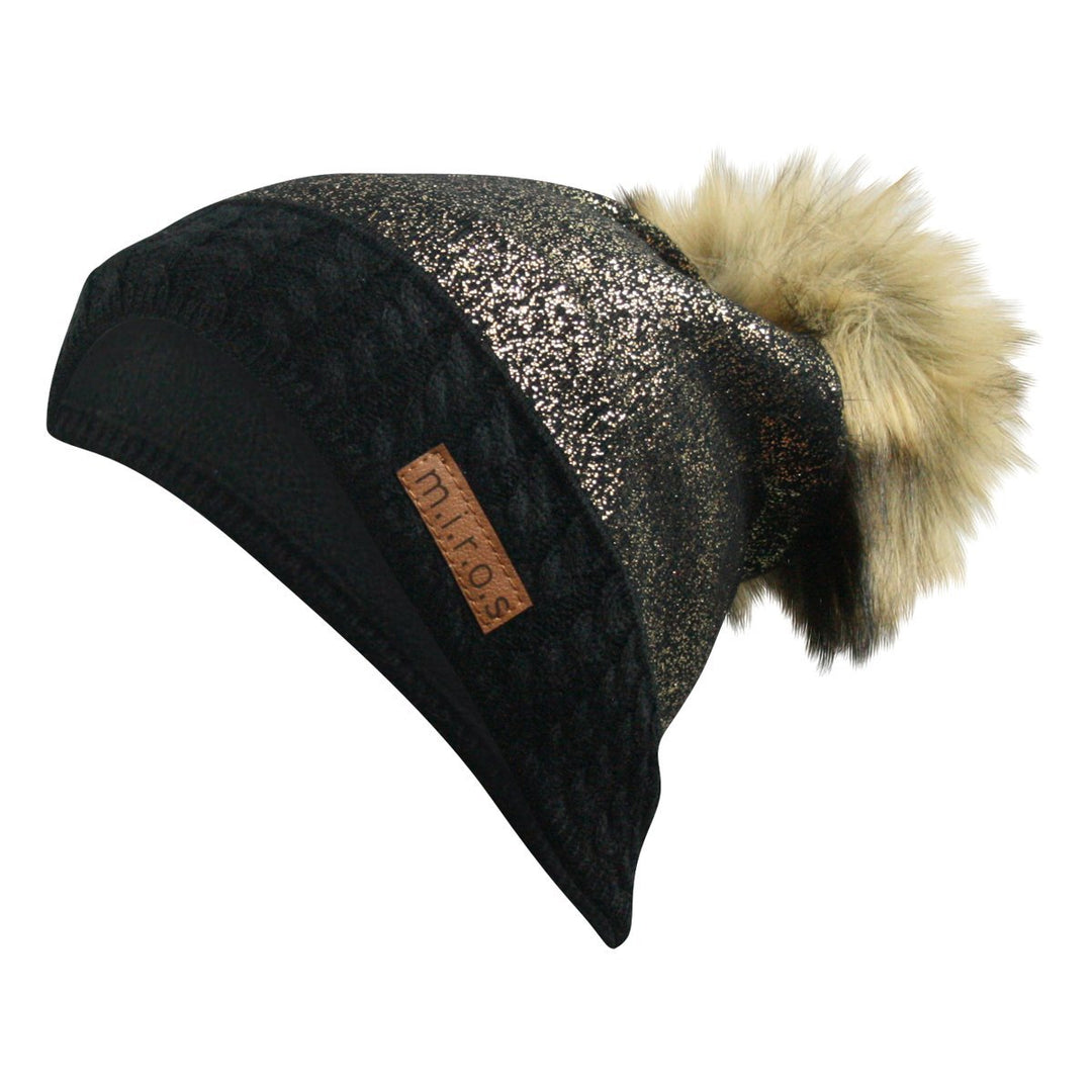 m.i.r.o.s Brittany Damen Wintermütze Schwarz Golden | handgemachte Pompom Mütze hell