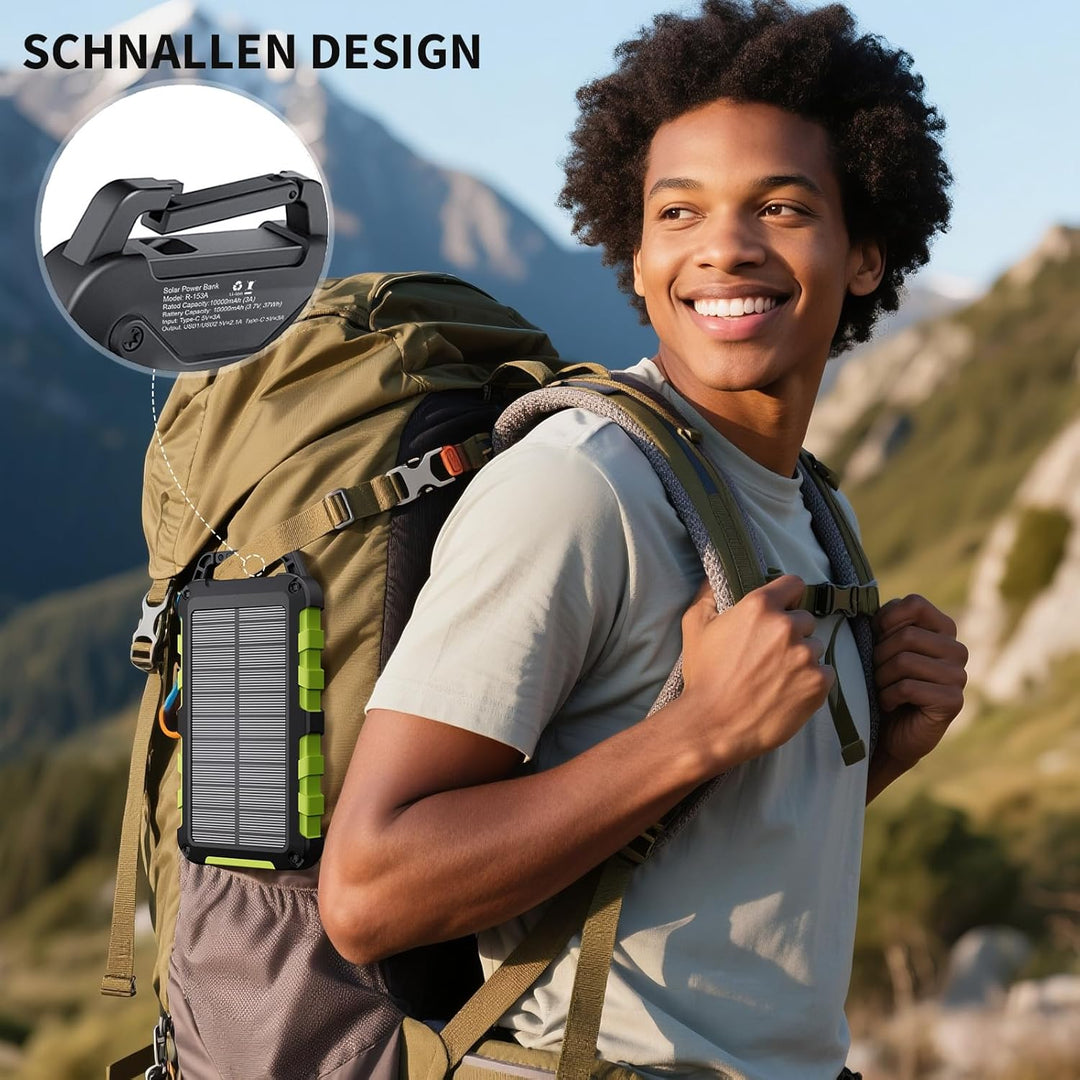 Solar Powerbank 10000mAh PD 22,5W Tragbares Solar Ladegerät USB C Outdoor Wasserdicht Externer Akku