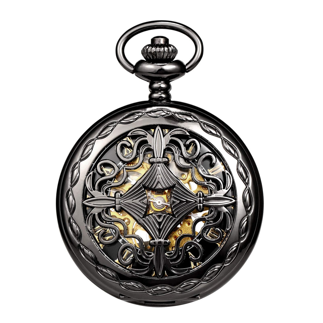 TREEWETO Unisex Taschenuhr mit Kette Analog Handaufzug Antik Kupfer Skelett Schwarz