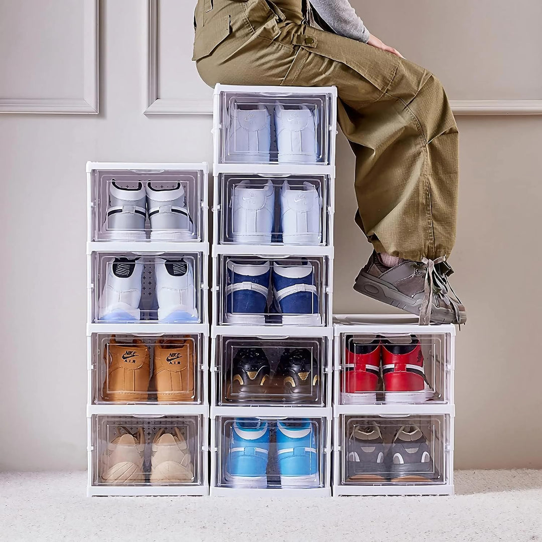 GUDEMAY Schuhboxen - Faltbare Schuhschrank mit transparent Türen - Kunststoff Schuhregal stapelbar u