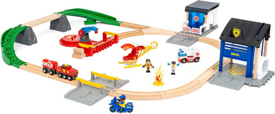 BRIO World 36025 Polizei und Feuerwehr Set Deluxe & 36022 - Rettungshubschrauber - Empfohlen für Kin