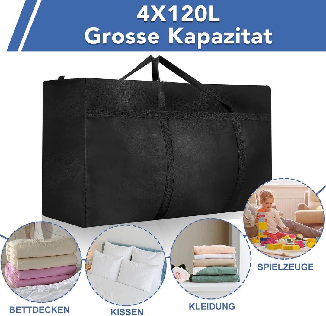 4 Stück 120L Grosse Aufbewahrungstasche, Oxford Heavy-Duty Umzugstaschen mit Reissverschlüssen Handg