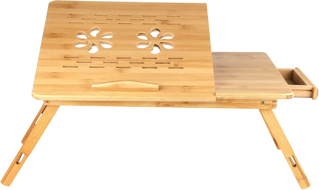 Klappbarer Betttisch, 66 x 35 cm, Betttablett aus Bambus mit verstellbaren Füssen und neigbarer Plat