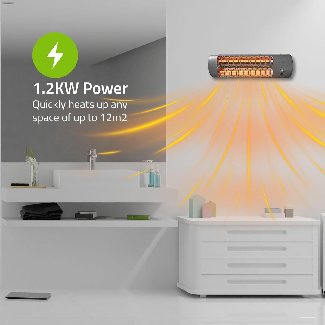 Nedis HTBA10GY Badezimmer-Heizung - 1200 W - Verstellbares Thermostat - 2 Wärme Modes - X4 - Grau