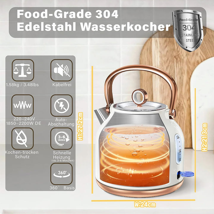 NESSGRAIM Retro Wasserkocher, 1,7 l Edelstahl-Teekessel mit Grosser Temperaturanzeige, 2200W Schnell
