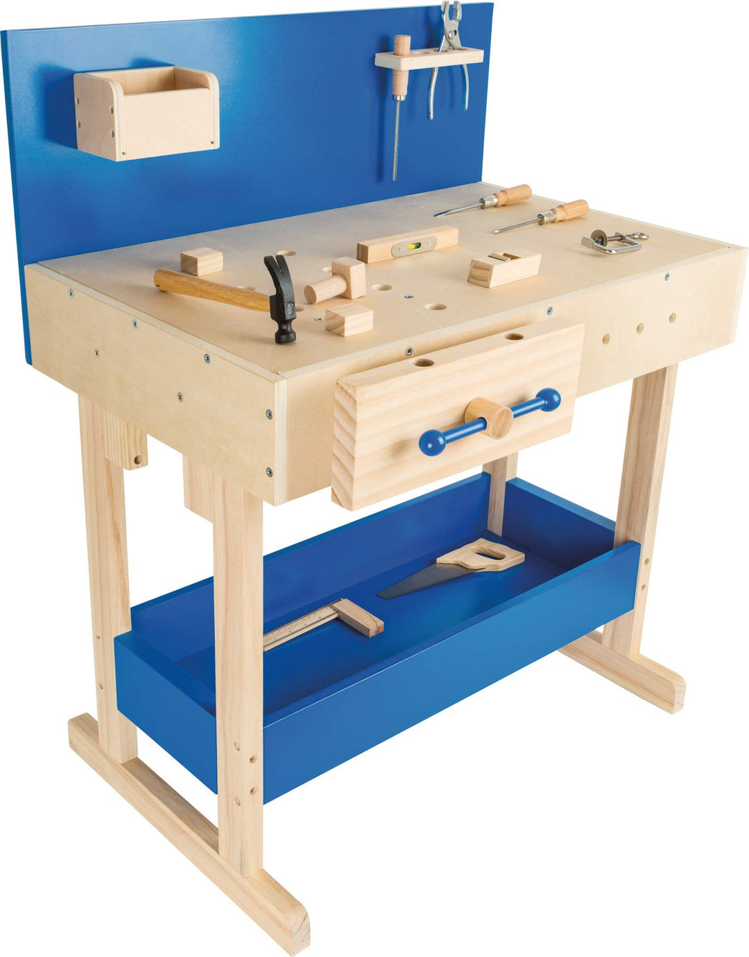 Small Foot Kinder Werkbank in Natur und Blau aus Holz, mit grosser Arbeitsfläche und Werkzeug, ab 8