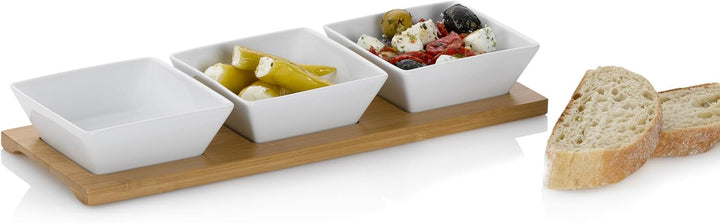 kela Servierschalen Set 4tlg PHILIPA, Porzellan Snackschalen mit Bambus Servierplatte, eckig, Dipsch
