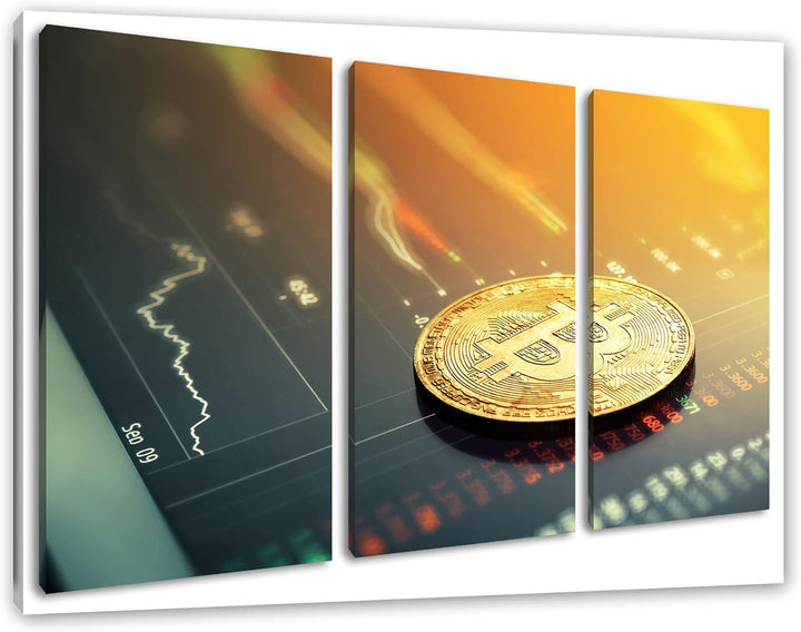 Bitcoin BTC Aktienmarktals Leinwandbild 3 teilig | Grösse: 120x80 cm | Wandbild | Kunstdruck | ferti