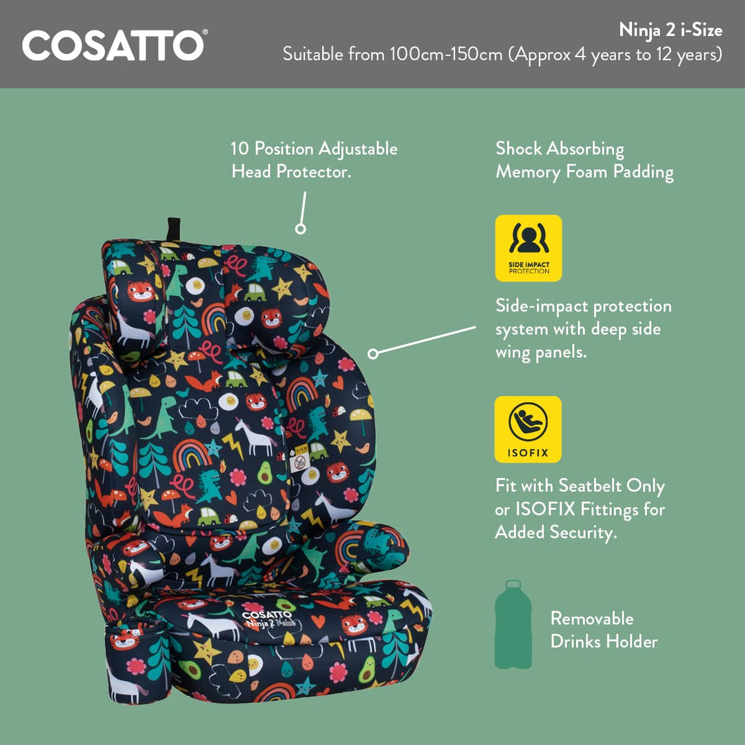 Cosatto Ninja 2 i-Size Hochlehnen-Sitzerhöhung 100-150cm (Pretty Flamingo) | ISOFIX oder Fahrzeuggur