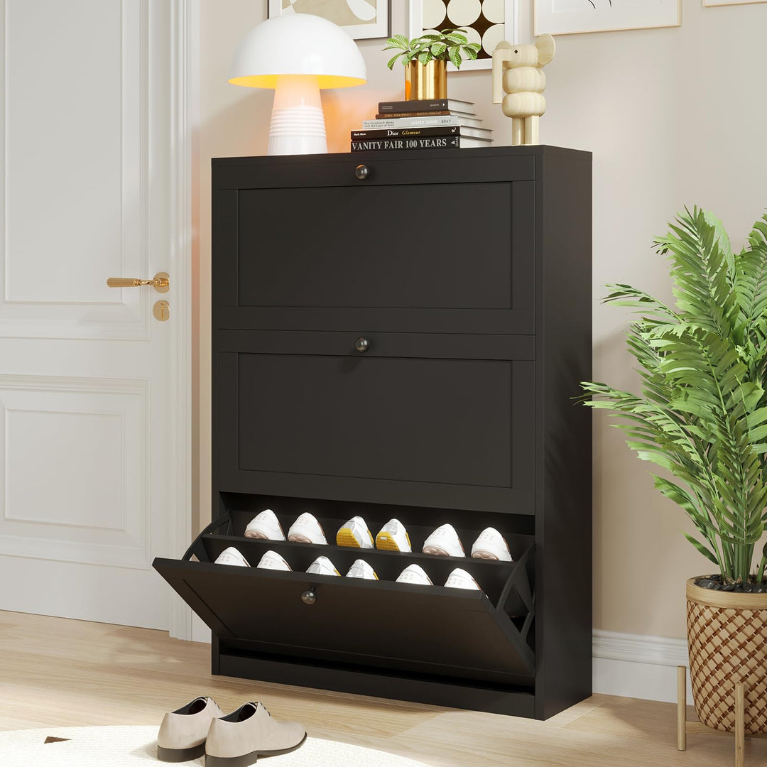 VOWNER Schuhschrank mit 3 Klappen, Schuhregal Schuhkipper Schmal, Schuhschrank Schwarz, mit 6 Fächer