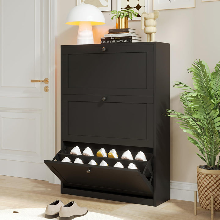 VOWNER Schuhschrank mit 3 Klappen, Schuhregal Schuhkipper Schmal, Schuhschrank Schwarz, mit 6 Fächer