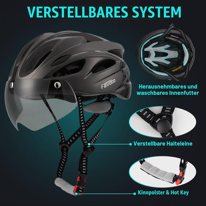Favoto Fahrradhelm Herren mit Licht - Damenhelm Fahrradhelm Leichtgewicht Atmungsaktiv mit Brille Rü