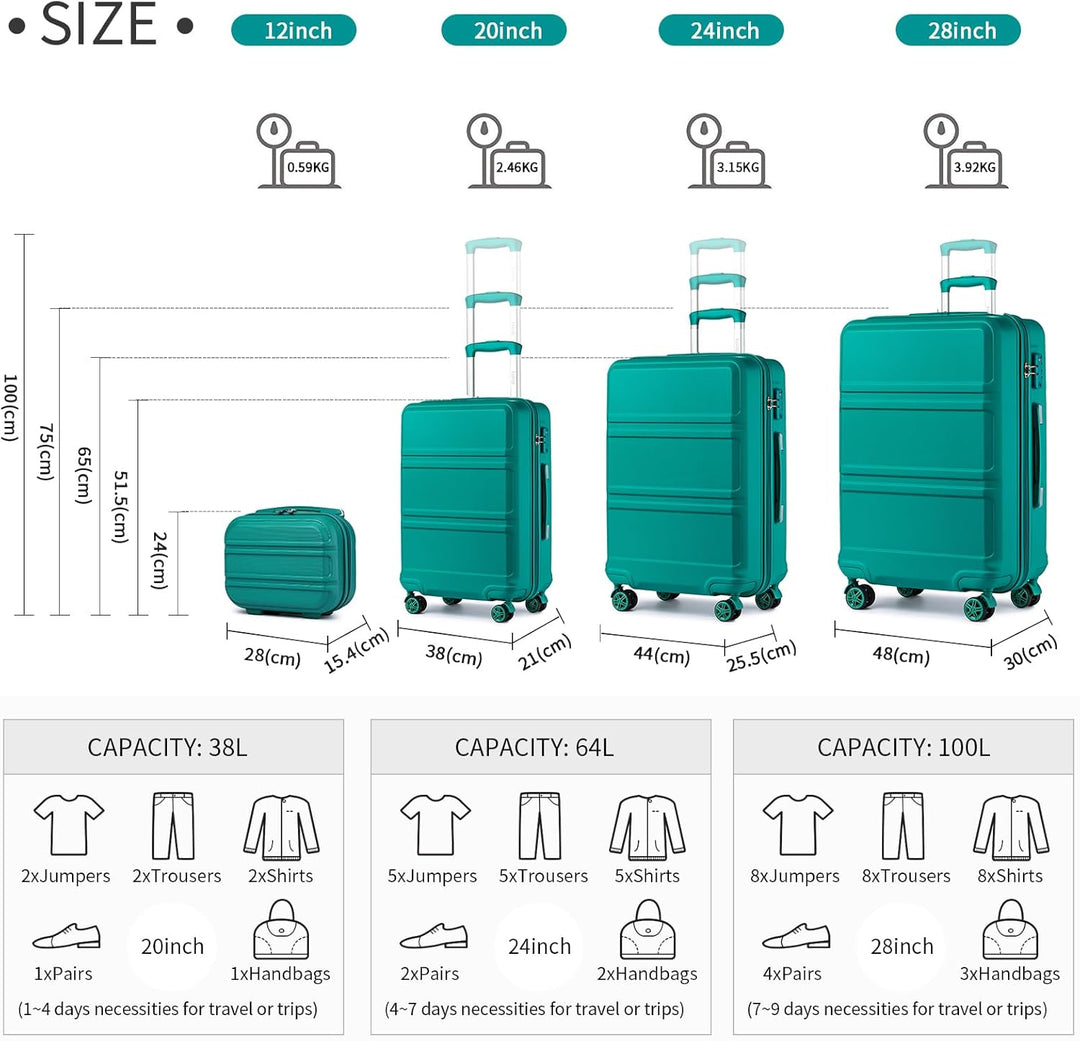 Kono ABS Kabinenkoffer, Hartschale, leicht, 55 cm, Handgepäck mit TSA-Schloss 38 l Türkis, Türkis