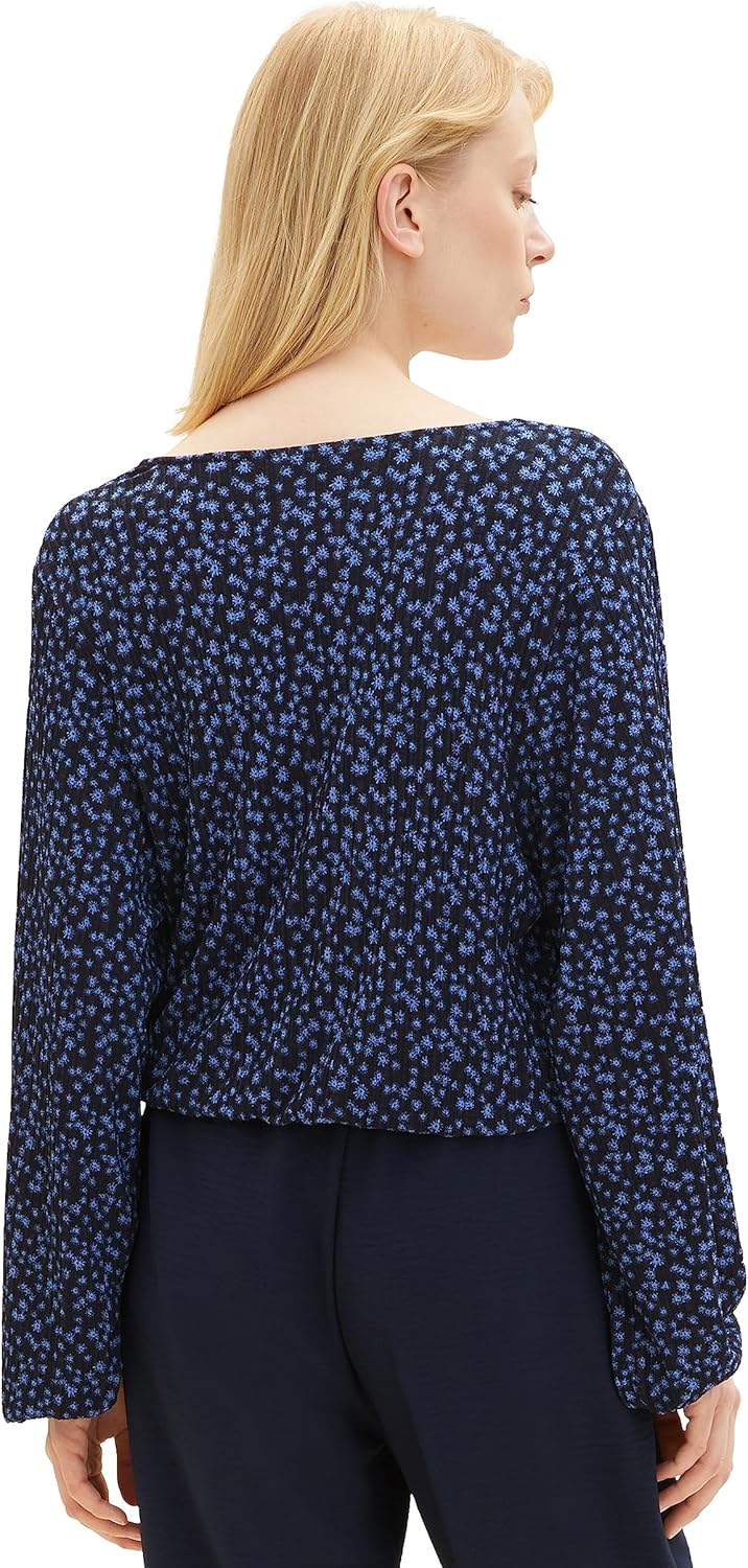 TOM TAILOR Denim Damen Denim T-Shirt Bluse mit Muster, 32411 - Navy Blue Flower Print