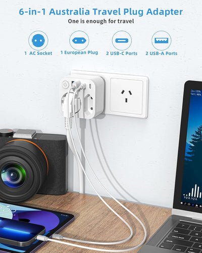 Reiseadapter Australien Deutschland Stecker mit 4 USB (2 Typ-C), 2 Fach Reiseadapter Neuseeland, Rei