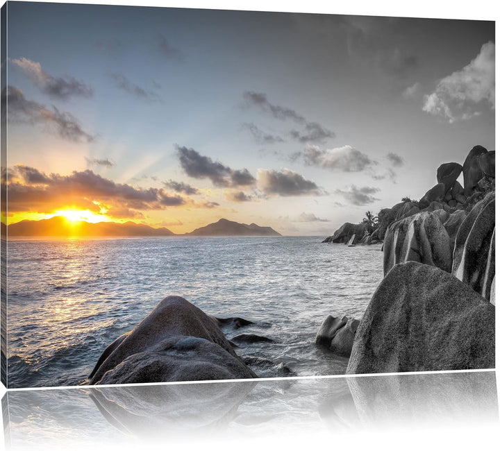 Pixxprint Sonnenuntergang Seychellen als Leinwandbild | Grösse: 100x70 cm | Wandbild | Kunstdruck |