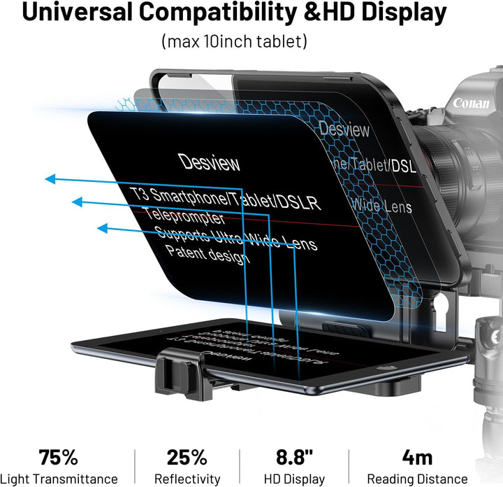 Desview T3 Teleprompter mit Fernbedienung für Smartphone Tablet Kamera DSLR Weitwinkelobjektiv für b