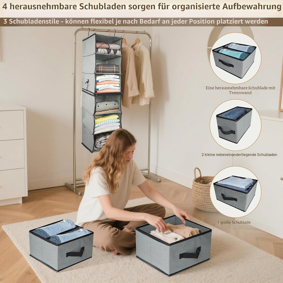2-in-1-hängender Kleiderschrankorganisator mit 4 abnehmbaren Schubladen & 2 trennbaren hängenden Reg
