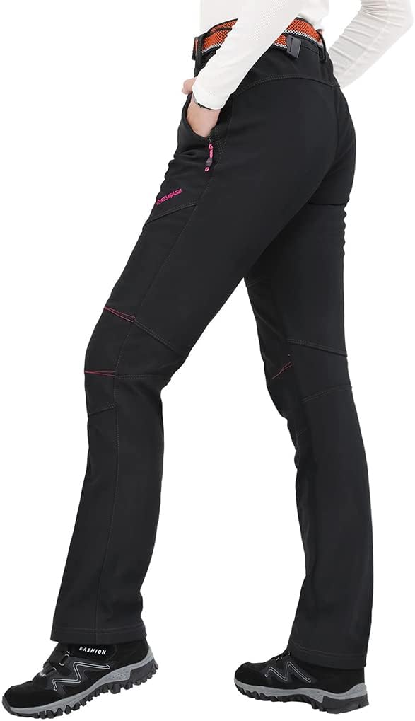 Micosuza Damen Fleece Wanderhose Winddicht Wasserdicht Softshell Outdoorhose, Schwarz