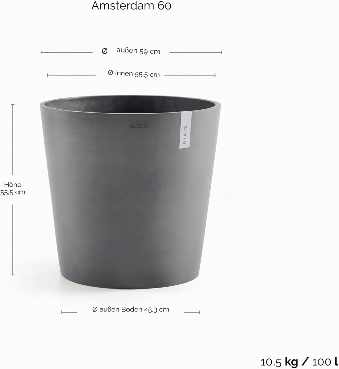 ECOPOTS Blumentopf Amsterdam Hell Grau - Durchmesser Ø 60 cm rund gross - Pflanzentopf aus Recycling
