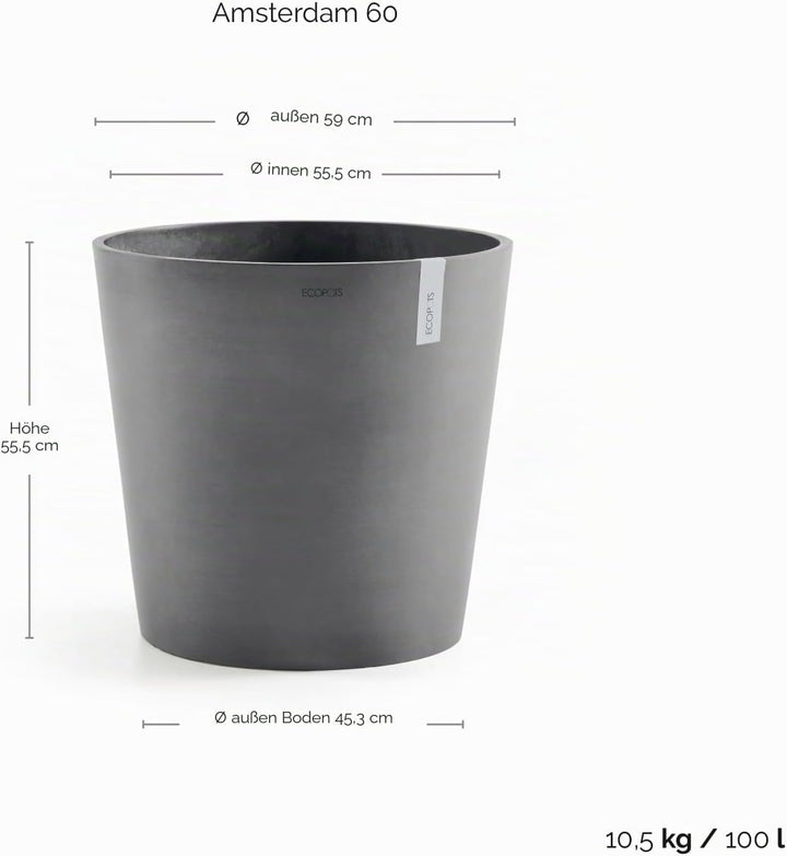 ECOPOTS Blumentopf Amsterdam Hell Grau - Durchmesser Ø 60 cm rund gross - Pflanzentopf aus Recycling
