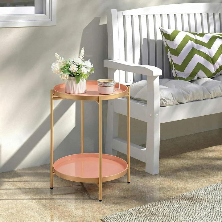 HollyHOME Runder Beistelltisch, 2 Ebenen Beistelltisch Metalltablett, Snacktisch, Couchtisch, Teetis