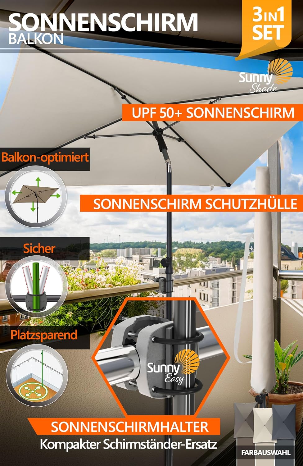 4smile Sonnenschirm Balkon, 3-in-1 SET - Sonnenschirm rechteckig 200 x 125 cm, UPF 50+, Sonnenschirm