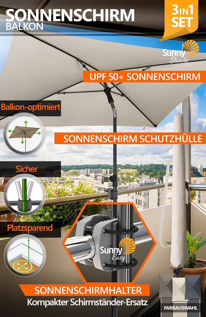 4smile Sonnenschirm Balkon, 3-in-1 SET - Sonnenschirm rechteckig 200 x 125 cm, UPF 50+, Sonnenschirm