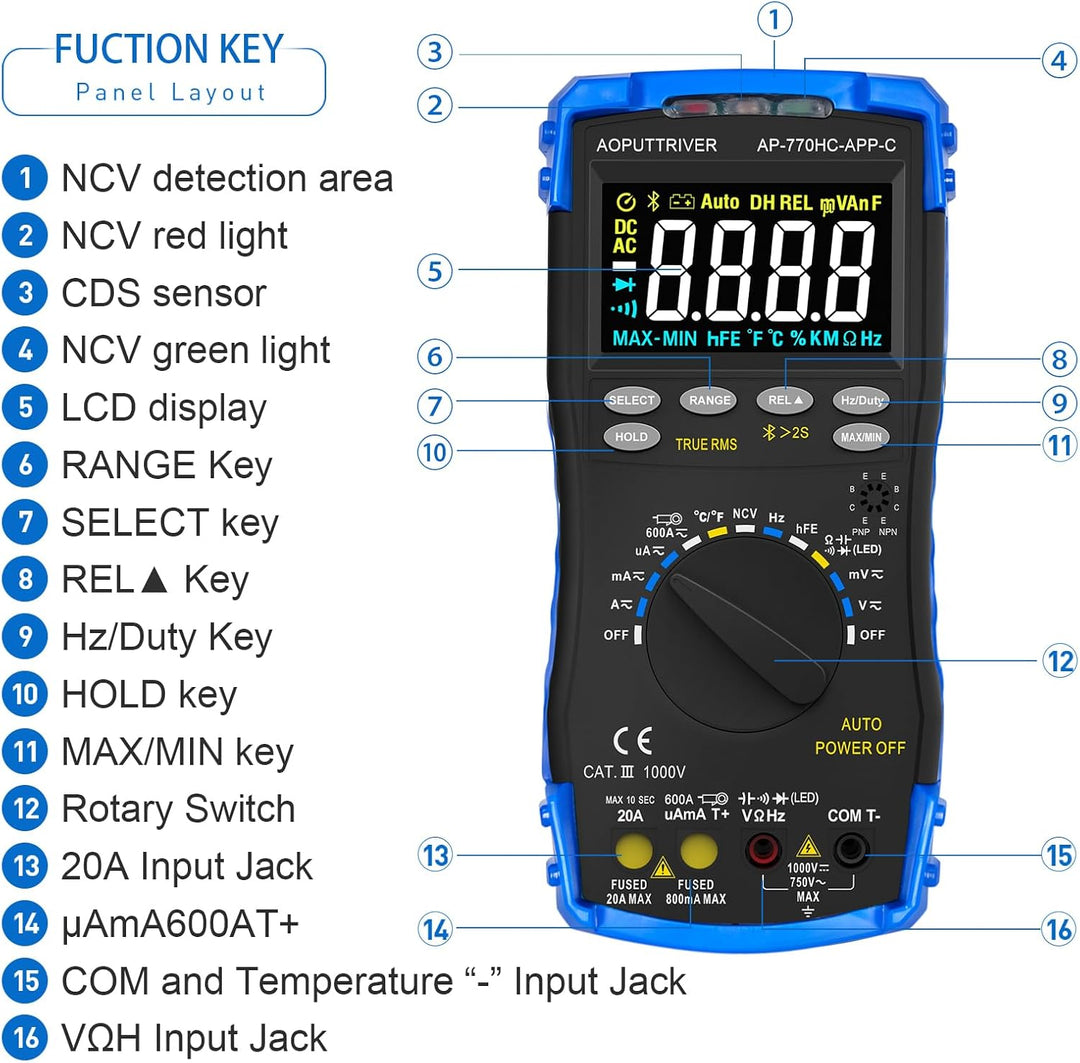 Multimeter Digital AP-770HC-APP 6000Counts Auto/Manueller Bereich Strommessgerät Multi Tester NCV St