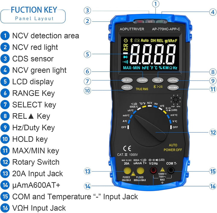 Multimeter Digital AP-770HC-APP 6000Counts Auto/Manueller Bereich Strommessgerät Multi Tester NCV St