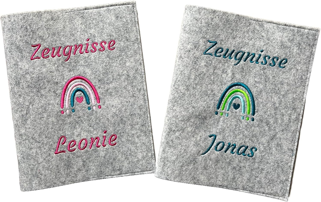 Personalisierte Zeugnismappe A4 aus Filz | Bunter Regenbogen| hochwertig bestickt | Schulkind | Gesc