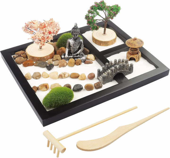 porlik Japanischer Zen-Garten für den Schreibtisch, Mini-Zen-Garten mit Sand, künstliche Bonsai-Baum