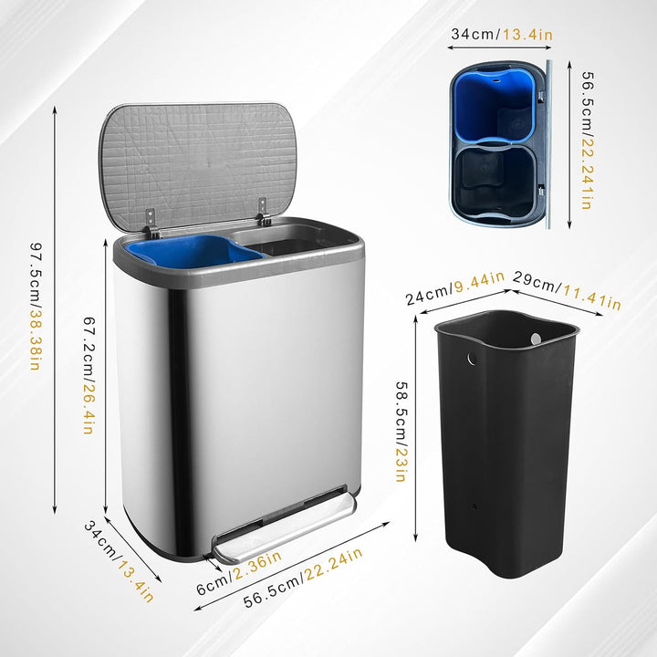 Recycling-Mülleimer für die Küche, 30 + 30 l, Doppel-Mülleimer mit Deckel und Kunststoff-Inneneimer,