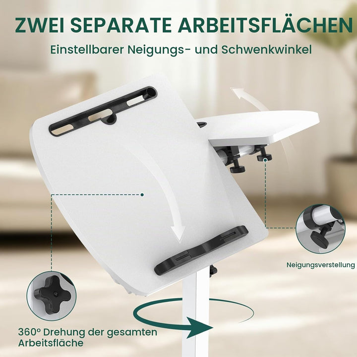 Soontrans Beistelltisch mit Rollen, Betttisch Klappbar 60×40cm, Laptoptisch Höhenverstellbar, Neigun