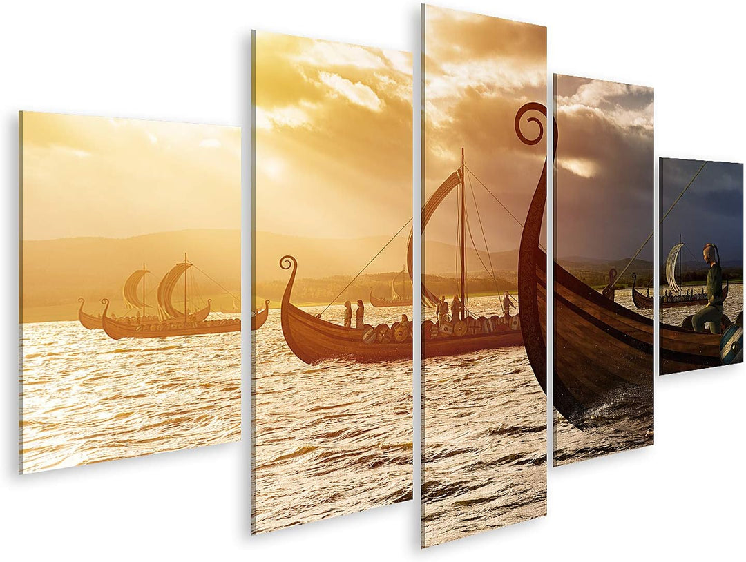 islandburner Bild auf Leinwand Wikingerschiffe Auf Dem Wasser Unter Dem Sonnenlicht Und Dunklen Stur