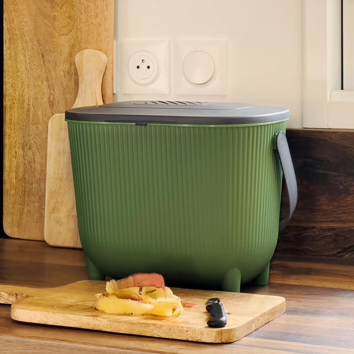 Premium Komposteimer 10L Küche Biomüll Behälter Bio Mülleimer mit Deckel und Aktivkohlefilter (Grün/