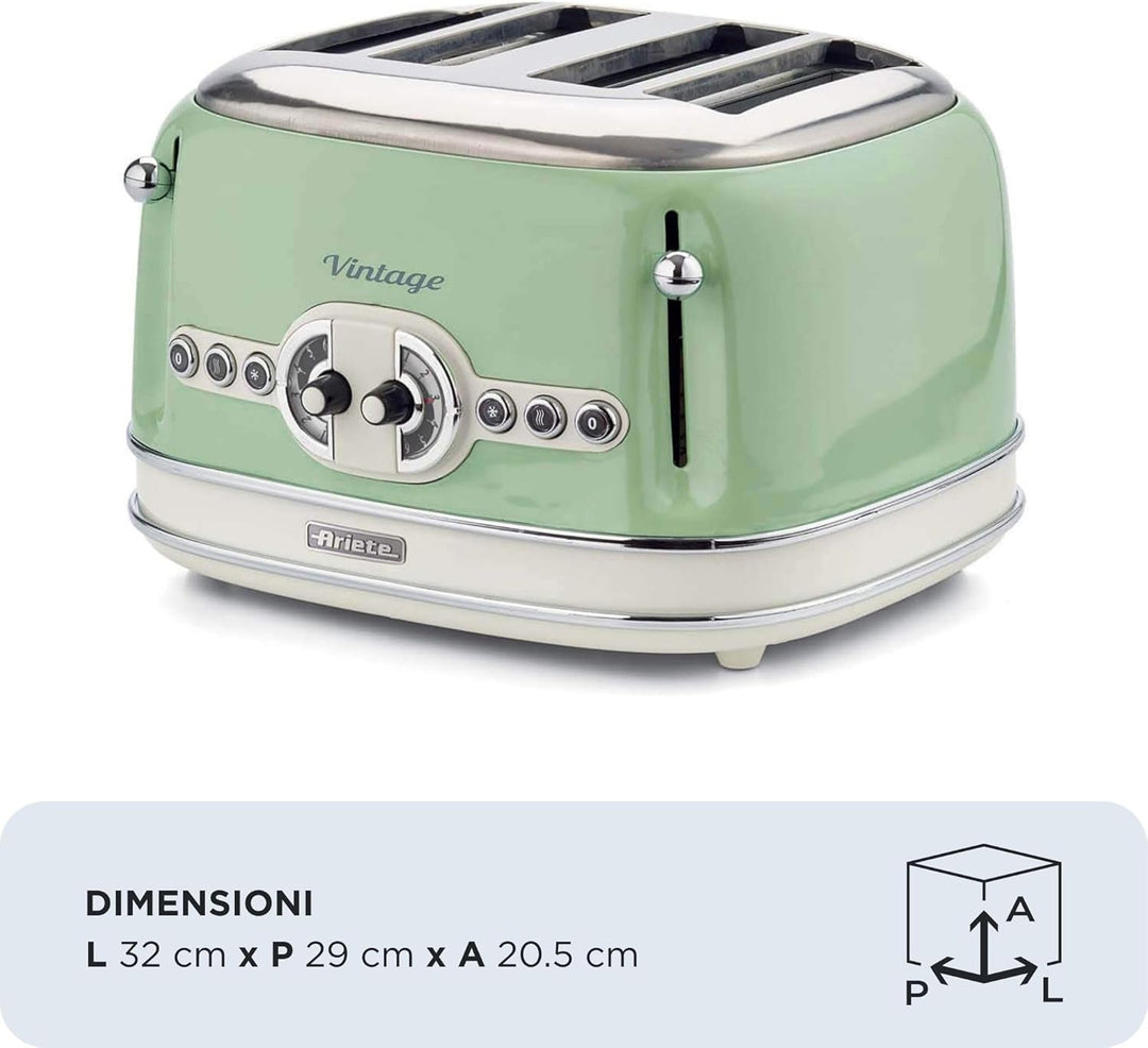 Ariete,156 Toaster im Vintage-Design für 4 Scheiben, 1600 W, 6 Toaststufen, aus lackiertem Edelstahl