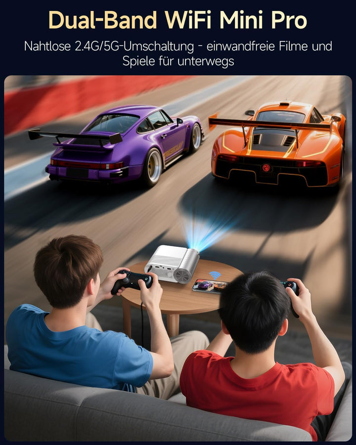 Mini Beamer 4K, Kleiner Projektor Bluetooth und WiFi für Handy, 1080P Beamer Heimkino iPhone/Android