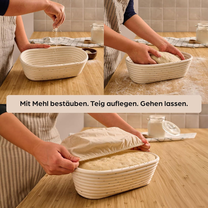 Praknu Gärkorb Oval 28cm - Set mit Bürste, Leinentuch & Brotbeutel - Brotkorb aus nachhaltigem Ratta