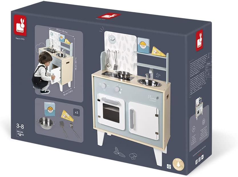 Janod - Küche ‘Plume’ - Kinderküche aus Holz mit Backofen, Edelstahlspüle, Schrank, Induktionskochpl