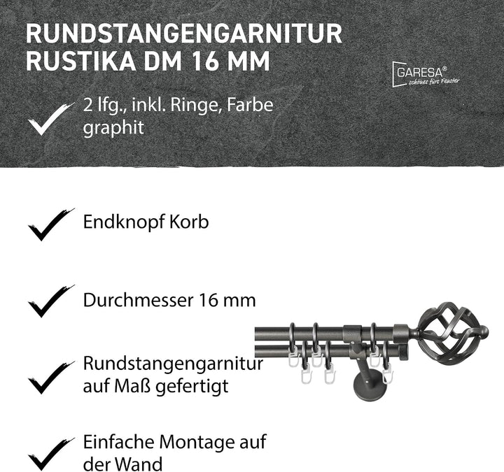 Garesa Gardinenstange Rustika Ø 16mm, 2-läufig, Graphite I Rustikale Vorhangstange aus Metall inkl.