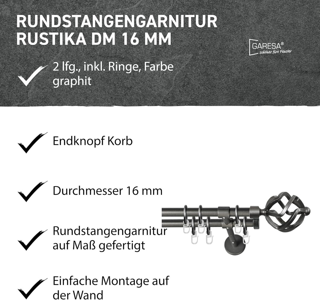 Garesa Gardinenstange Rustika Ø 16mm, 2-läufig, Graphite I Rustikale Vorhangstange aus Metall inkl.